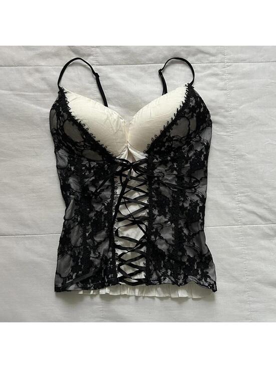 Tops - Rue21 Y2K black and white lace corset top with ribbon tie up front Size S